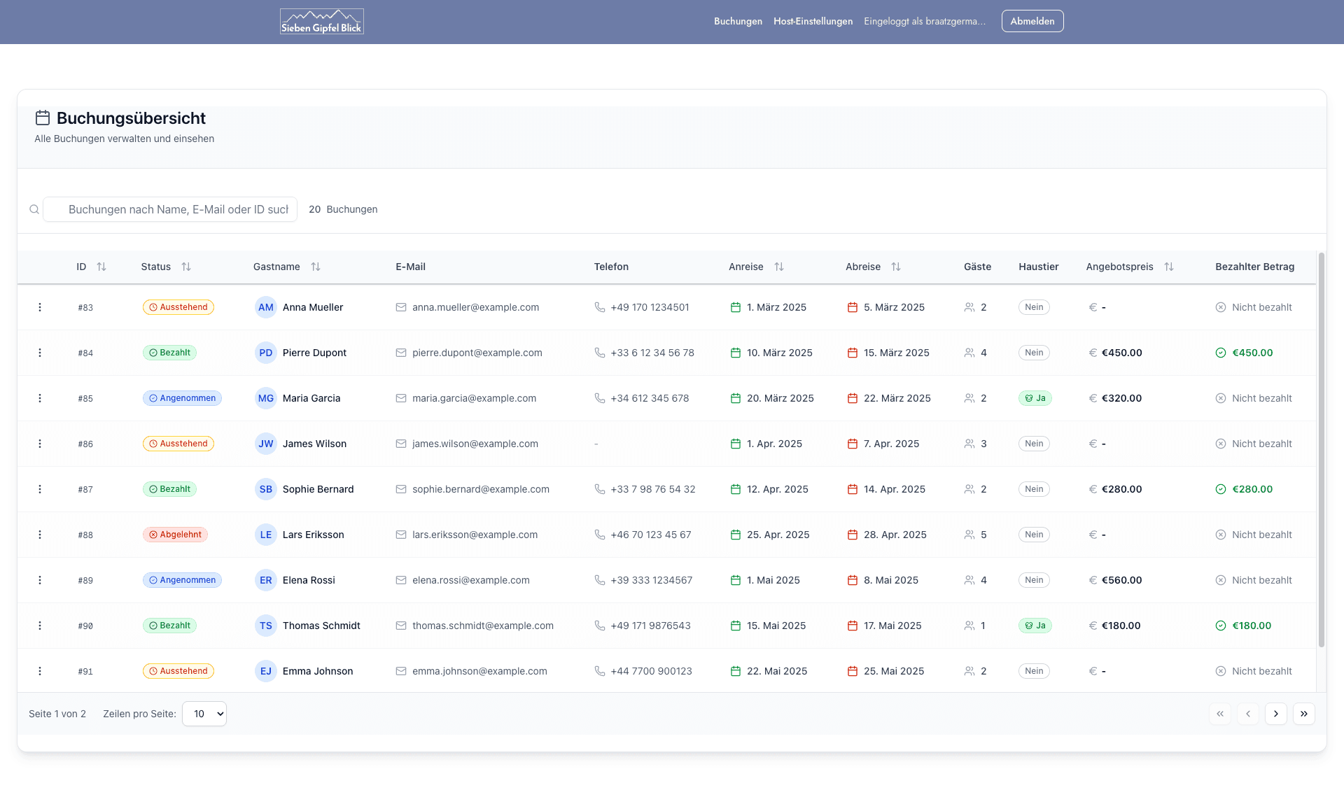 Bookings table in admin dashboard